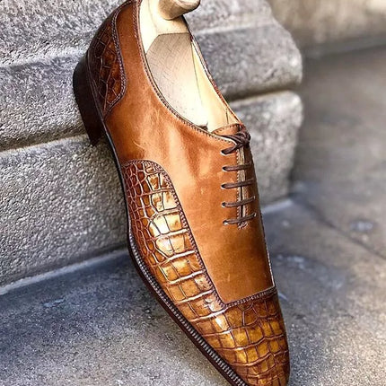 Handmade Tan Genuine Crocodile Leather Lace Up Office Shoes For Mens, Dress Shoe