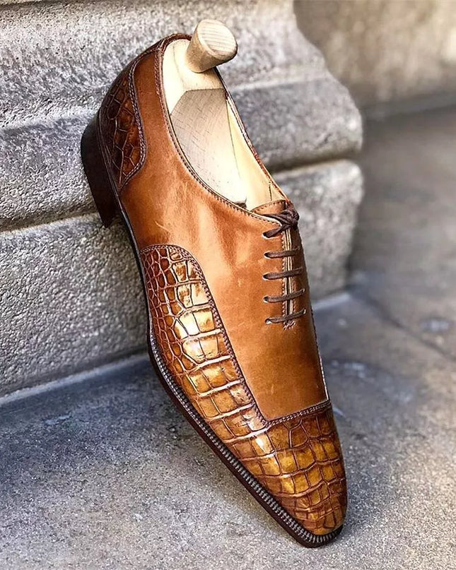 Handmade Tan Genuine Crocodile Leather Lace Up Office Shoes For Mens, Dress Shoe