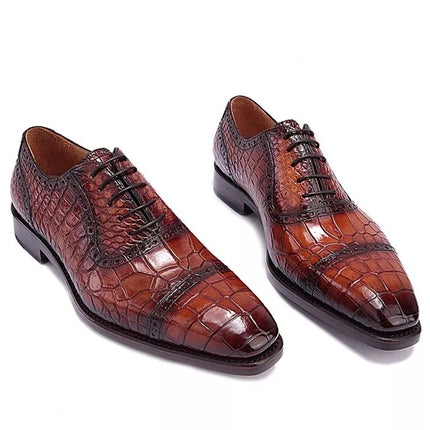Handmade Men Shaded Brown Crocodile Leather Lace Up Business Shoes For Mens