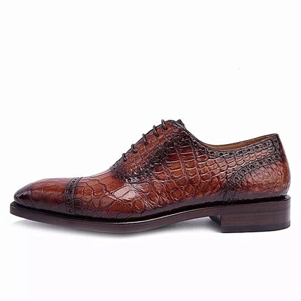 Handmade Men Shaded Brown Crocodile Leather Lace Up Business Shoes For Mens