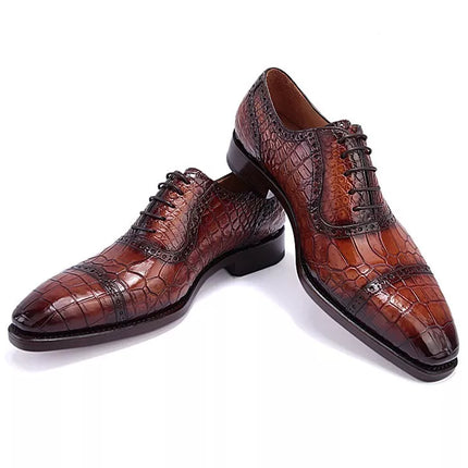 Handmade Men Shaded Brown Crocodile Leather Lace Up Business Shoes For Mens