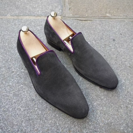 Handmade Men Dark Gray Suede Slip Ons Office Loafers Shoes, Dress Moccasins