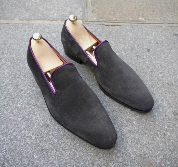 Handmade Men Dark Gray Suede Slip Ons Office Loafers Shoes, Dress Moccasins