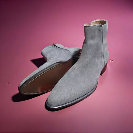 New Handmade Gray Suede Formal Ankle Boots for Mens, Men Dress Boot, Gray Zipper Boot