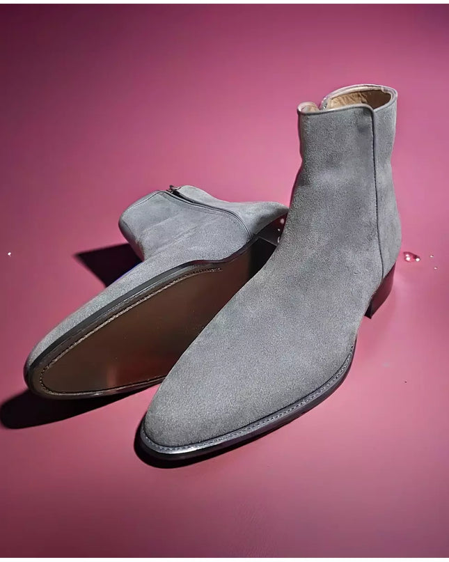 New Handmade Gray Suede Formal Ankle Boots for Mens, Men Dress Boot, Gray Zipper Boot