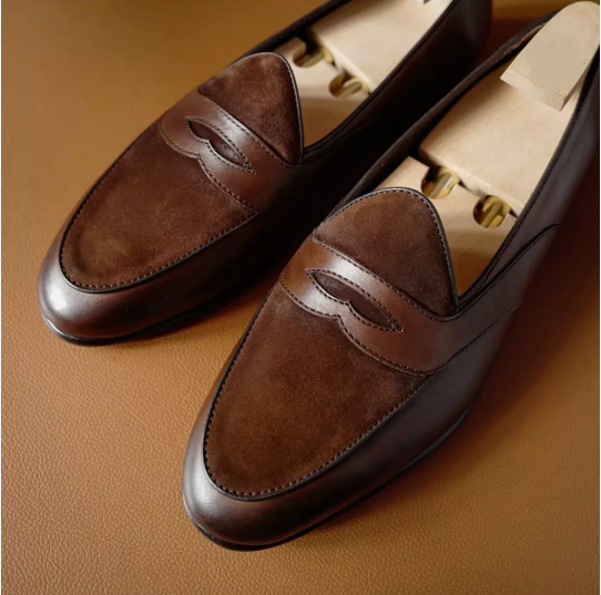 Handmade Men Dark Brown Suede & Leather Slip Ons Office Shoes, Dress Moccasins