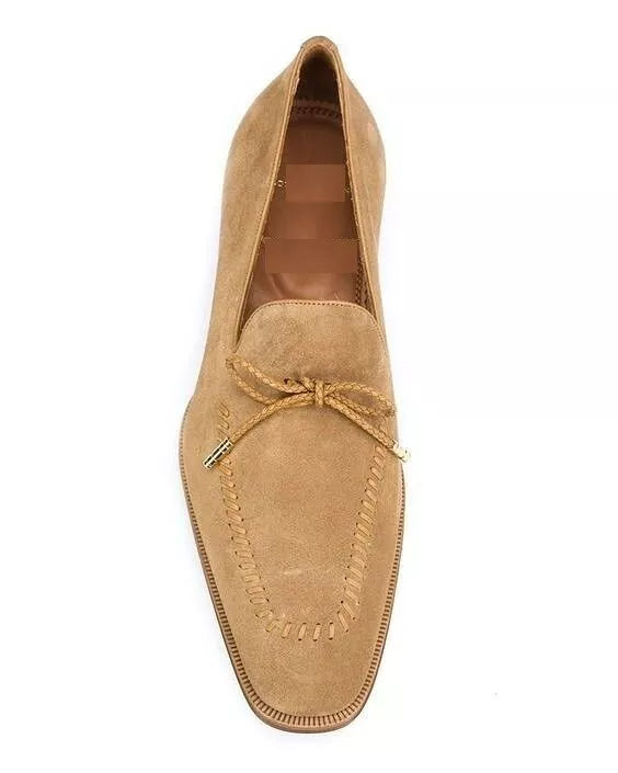 Handmade Beige Suede Laces Slip Ons, Men Office Loafers Shoes, Dress Moccasins