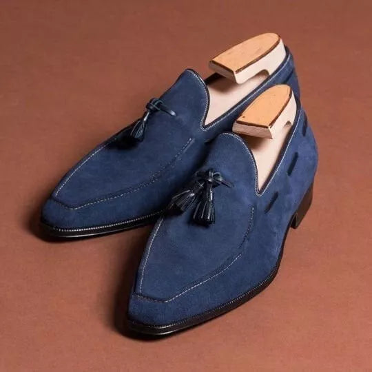 Handmade Blue Suede Tassels Slip Ons, Men Office Loafers Shoes, Dress Moccasins