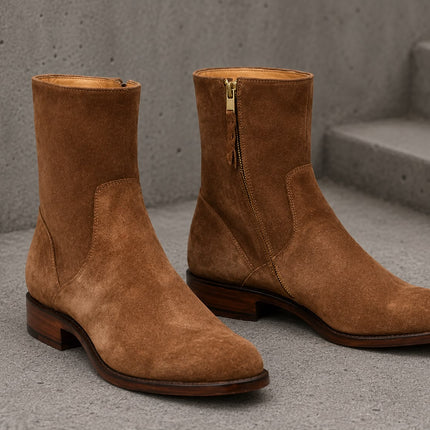 Handmade men dark brown suede ankle formal boots, Party zipper boots for mens