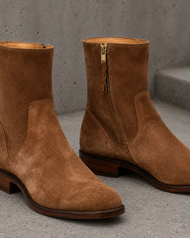 Handmade men dark brown suede ankle formal boots, Party zipper boots for mens