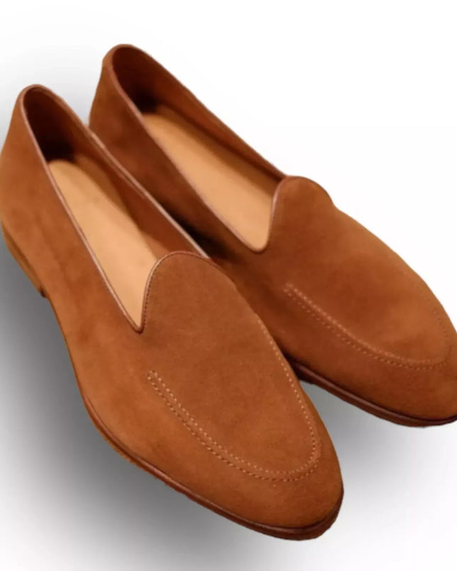 Handmade Men Tan Brown Suede Slip Ons, Men Office Loafers Shoes, Dress Moccasins