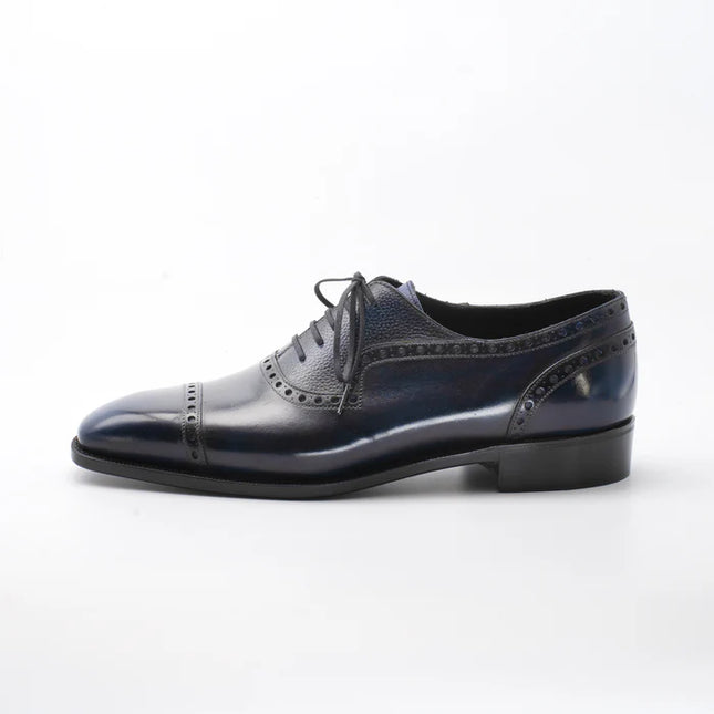 Handmade Men Dark Blue Brogue Leather Lace Up Office Shoe, Business Oxford Shoe