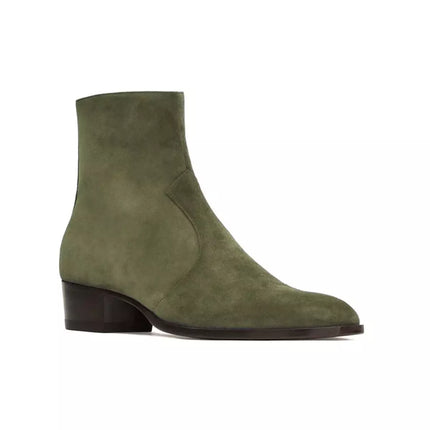 Handmade Mens Green Suede Ankle Boots, Men Dress Boot, New Zipper Boot