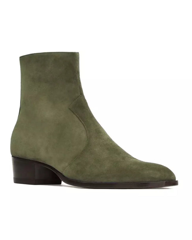 Handmade Mens Green Suede Ankle Boots, Men Dress Boot, New Zipper Boot