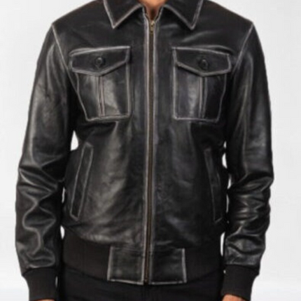 Handmade Men Black Leather Fashion Jacket With Cargo Pockets, Biker Jacket For Men