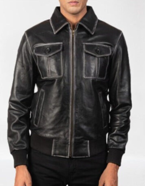 Handmade Men Black Leather Fashion Jacket With Cargo Pockets, Biker Jacket For Men