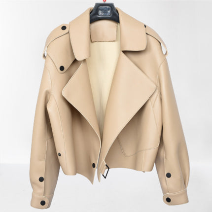 Women Beige Leather Loose Style Fashion Jacket, Street Style Jackets