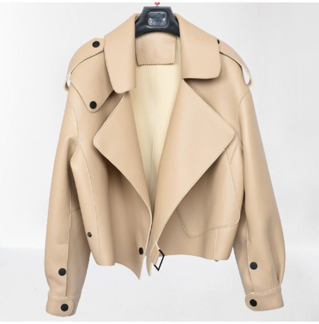 Women Beige Leather Loose Style Fashion Jacket, Street Style Jackets