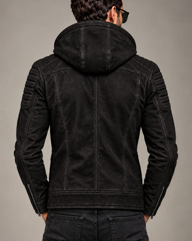 Men Black Suede Hooded Jacket, Mens Biker Jacket, Casual Leather Suee Jackets