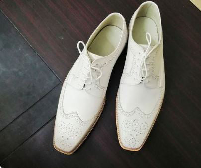 New White Derby Lace up Wing Tip Brogue Dress Leather Office Handmade Shoes For Men’s