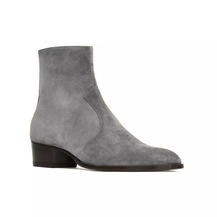 Handmade Mens Gray Suede Ankle Boots, Men Dress Boot, New Zipper Boot