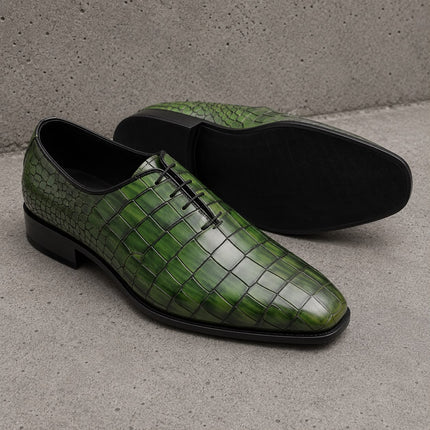 Handmade men dark green crocodile leather lace up office shoes, Dress shoes for mens