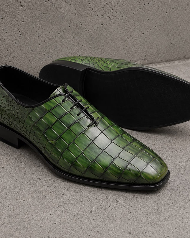 Handmade men dark green crocodile leather lace up office shoes, Dress shoes for mens