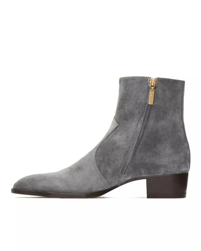 Handmade Mens Gray Suede Ankle Boots, Men Dress Boot, New Zipper Boot