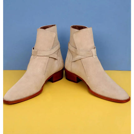 Handmade Mens Beige Suede Jodhpurs Boot, Men Beige Suede Ankle Strap Boots