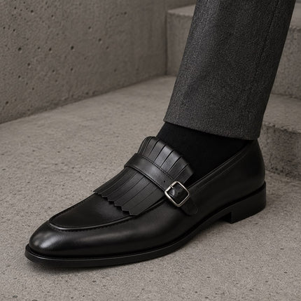 Handmade Men Black Fringes Leather Buckle Penny Loafers Slip ons Office Shoes