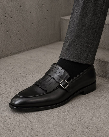 Handmade Men Black Fringes Leather Buckle Penny Loafers Slip ons Office Shoes