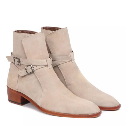 Handmade Mens Beige Suede Jodhpurs Boot, Men Beige Suede Ankle Strap Boots