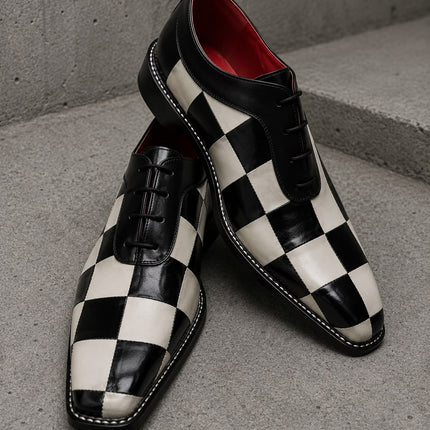Handmade Two-Tone Checkered Leather Lace Up Dress Shoes, Men's Office Shoes