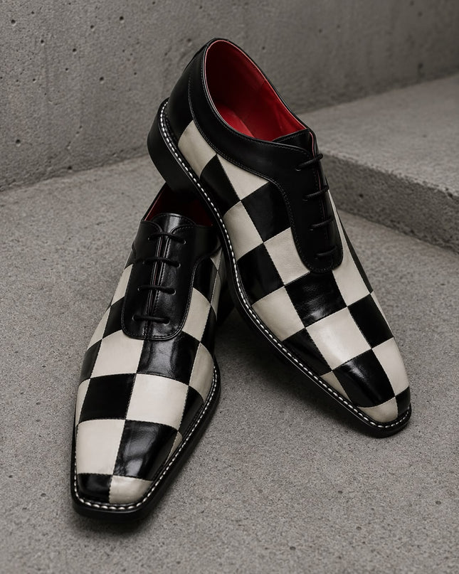 Handmade Two-Tone Checkered Leather Lace Up Dress Shoes, Men's Office Shoes