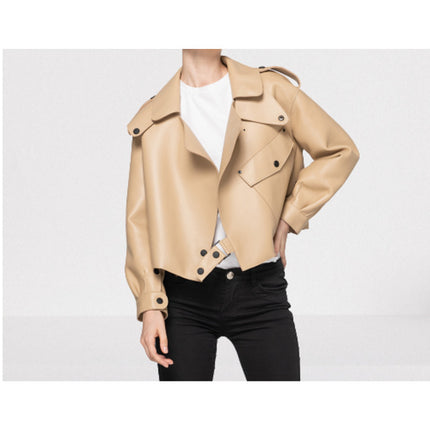 Women Beige Leather Loose Style Fashion Jacket, Street Style Jackets