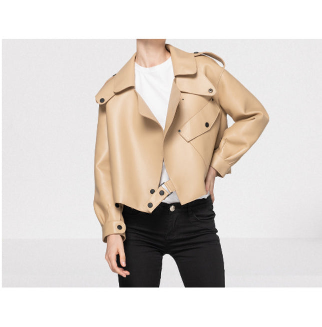 Women Beige Leather Loose Style Fashion Jacket, Street Style Jackets