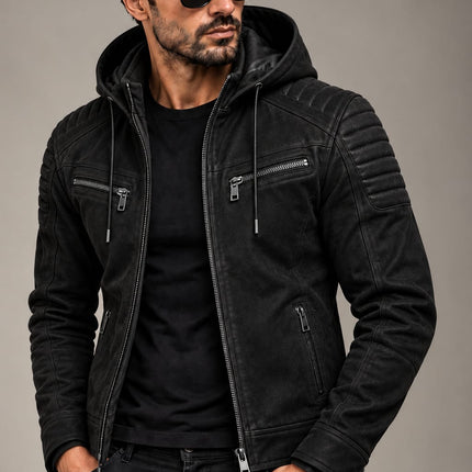 Men Black Suede Hooded Jacket, Mens Biker Jacket, Casual Leather Suee Jackets