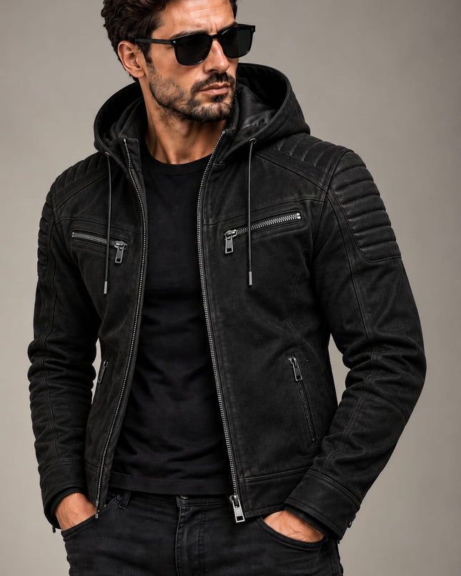 Men Black Suede Hooded Jacket, Mens Biker Jacket, Casual Leather Suee Jackets