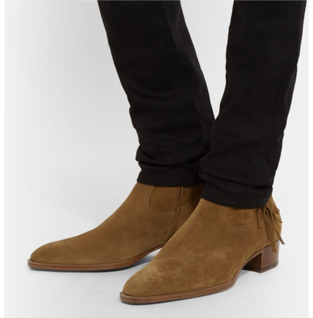 Handmade Men Tan Color Ankle High Fringed Ankle High Suede Leather Boots, Boots
