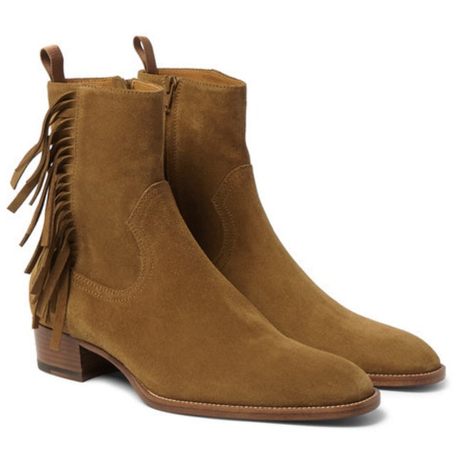 Handmade Men Tan Color Ankle High Fringed Ankle High Suede Leather Boots, Boots