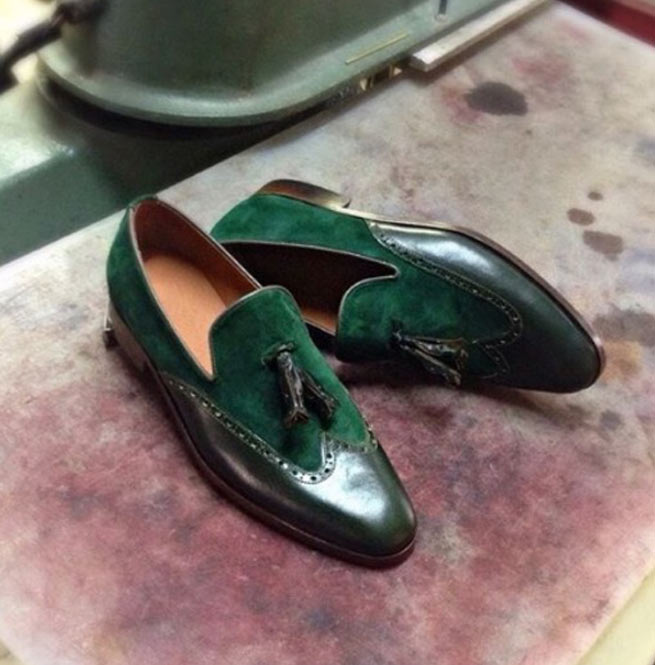 Handmade Green Leather and Suede Shoes 
