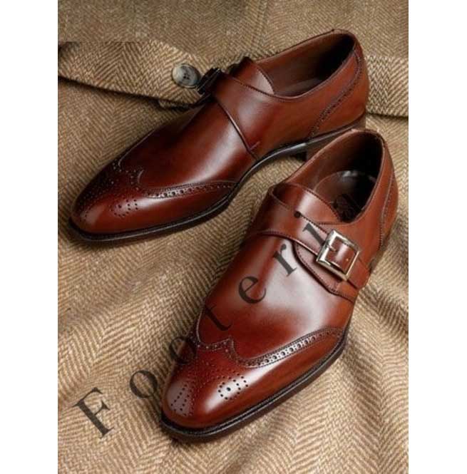 Details about   Handmade Men's Leather Tan Wingtip Single Monk Buckle Strap Dress Shoes-439 