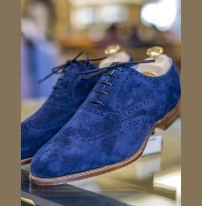 Handmade Mens Brogue Blue Suede Shoes 