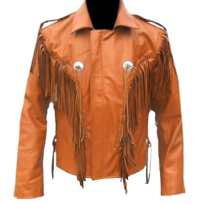 Men Tan Western Style Leather Jacket 