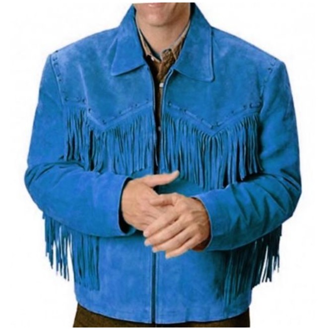 MSHC Western Cowboy Mens Brown Fringed Suede Leather Jacket D1 V3 XXS-5XL Blue 