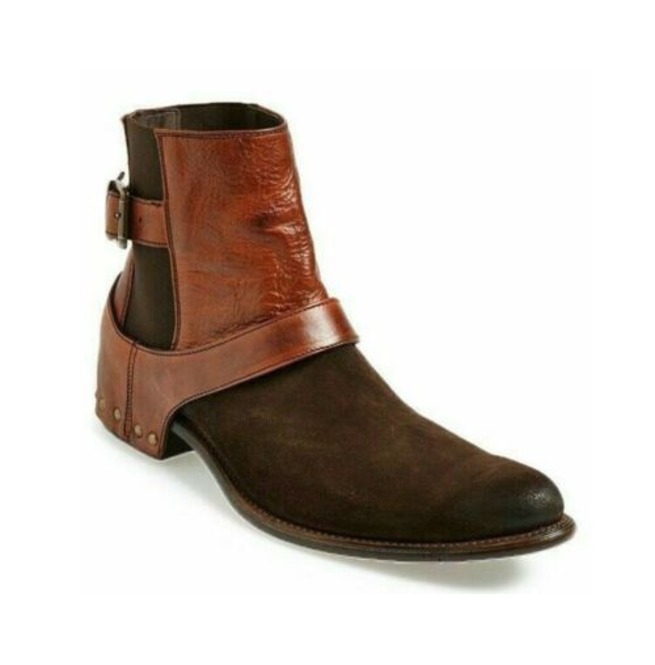 New Handmade Pure Tan Leather Brown shredded Ankle Boots for Men's