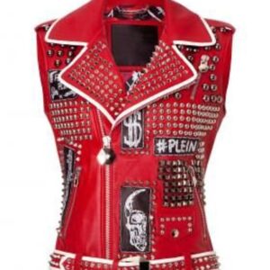 New Women Red Full Heavy Metal Black Spiked Tonal Studded Punk Leather Jacket Rock Biker Style jacket women