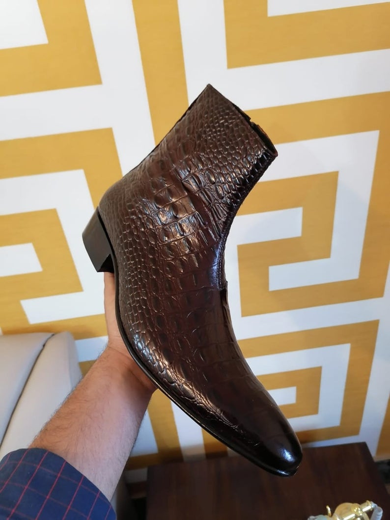 Handmade Men Brown Crocodile Texture Pointed Toe Chelsea Side 